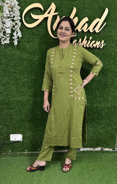 Pure Cotton 2 Pc Dress Embroidered Straight pattern with Pant - Olive