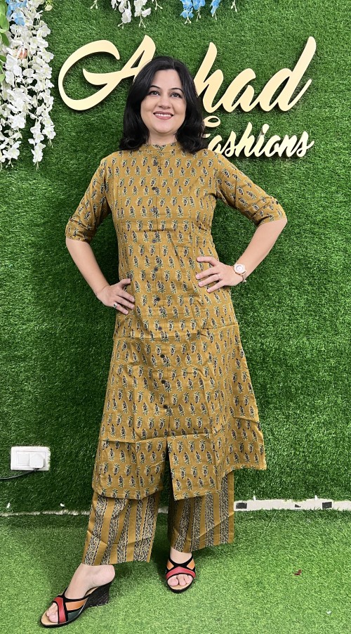 Pure Cotton 2 Pc Dress A-line pattern with Pant Plazo - Mud Mustard