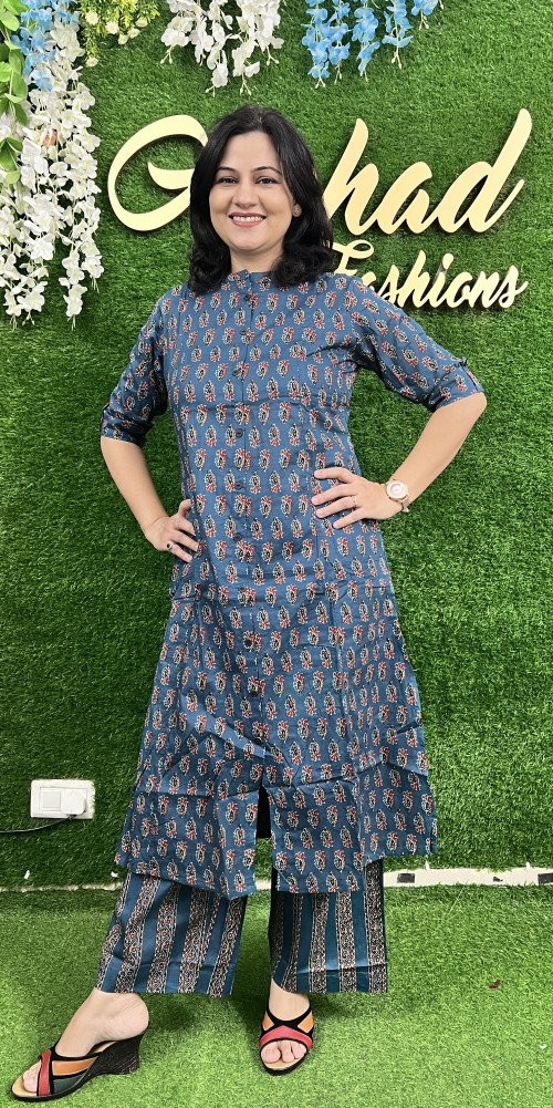 Pure Cotton 2 Pc Dress A-line pattern with Pant Plazo - Teel Blue