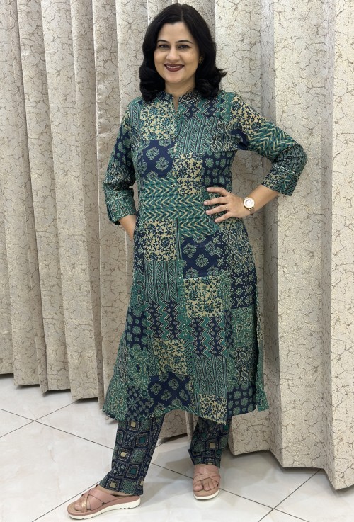 Pure Cotton 2 Pc Dress A-line pattern with Straight Pant - Green Blue