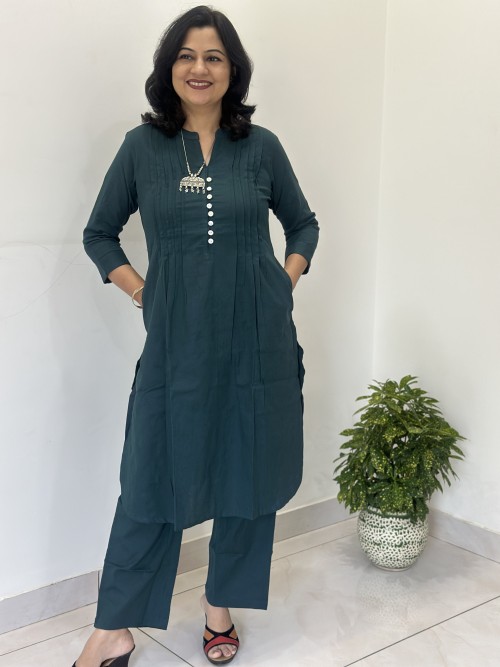 Flex Cotton 2 Pc Dress Pintex pattern Straight with Pant - Bottle Green