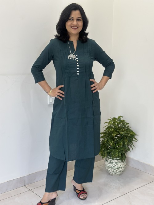 Flex Cotton 2 Pc Dress Pintex pattern Straight with Pant - Bottle Green