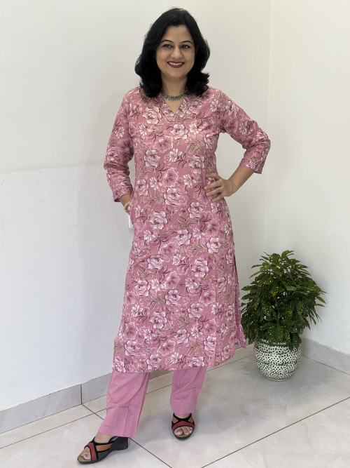 Pure Cotton 2 Pc Set Straight Pattern with plian Pant - Onion Pink