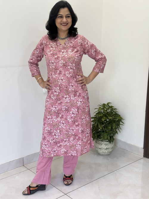 Pure Cotton 2 Pc Set Straight Pattern with plian Pant - Onion Pink