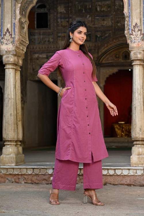 Pure Cotton 2 Pc Dress A-line pattern in Solid Color with Pant Plazo - Pink