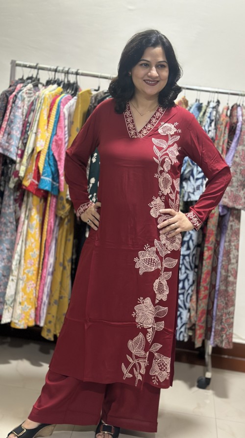 Premium Rayon Cotton 2 Pc Dress A-line pattern with Plazo Pant - Cherry Red