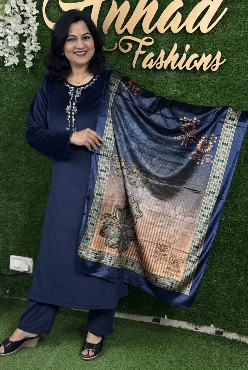 Velvet Fabric Regular Pattern in 3pc Set with Straight Pant and Digitally Printed Stole  - Midnight Blue