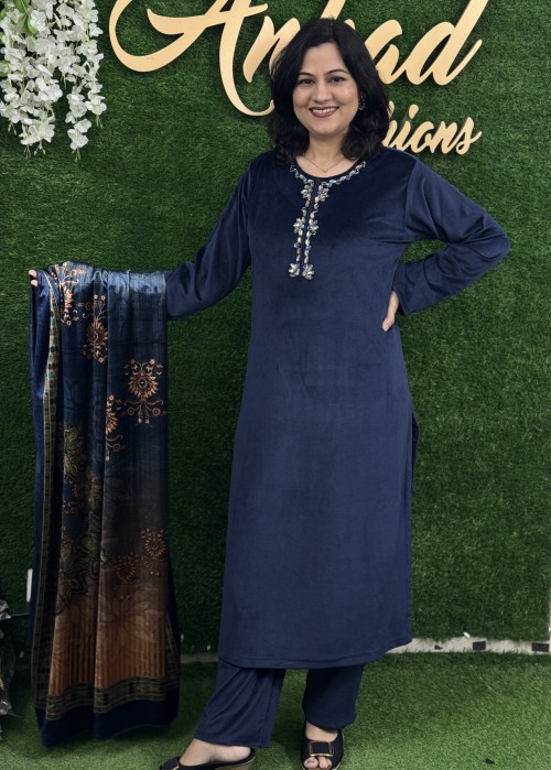 Velvet Fabric Regular Pattern in 3pc Set with Straight Pant and Digitally Printed Stole  - Midnight Blue