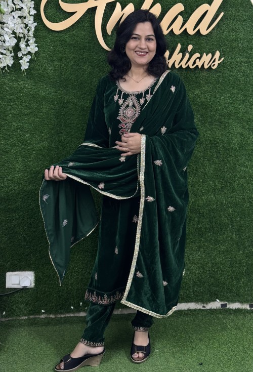 Velvet Fabric Party Wear in 3pc Set with Pencil Pant and Stole with Embroidery - Bottle Green