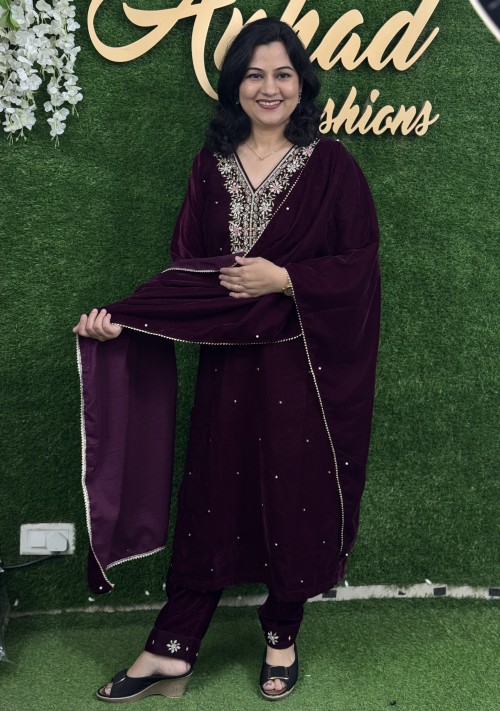 Velvet Fabric Party Wear in 3pc Set with Straight Pant and Stole with Embroidery - Wine