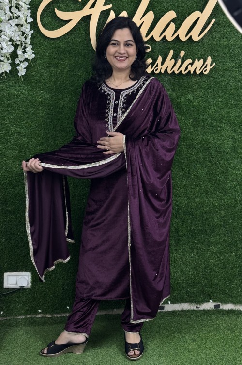 Velvet Fabric Party Wear in 3pc Set with Pencil Pant and Stole with Hand Work - Purplish Wine