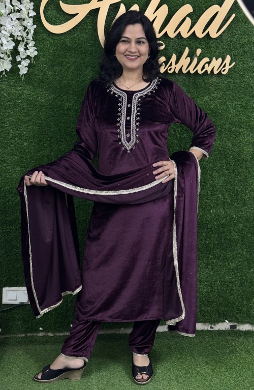 Velvet Fabric Party Wear in 3pc Set with Pencil Pant and Stole with Hand Work - Purplish Wine