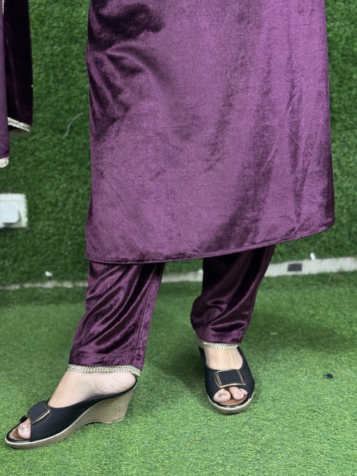 Velvet Fabric Party Wear in 3pc Set with Pencil Pant and Stole with Hand Work - Purplish Wine