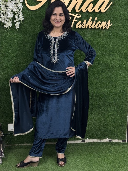 Velvet Fabric Party Wear in 3pc Set with Pencil Pant and Stole with Hand Work - Petrol Blue