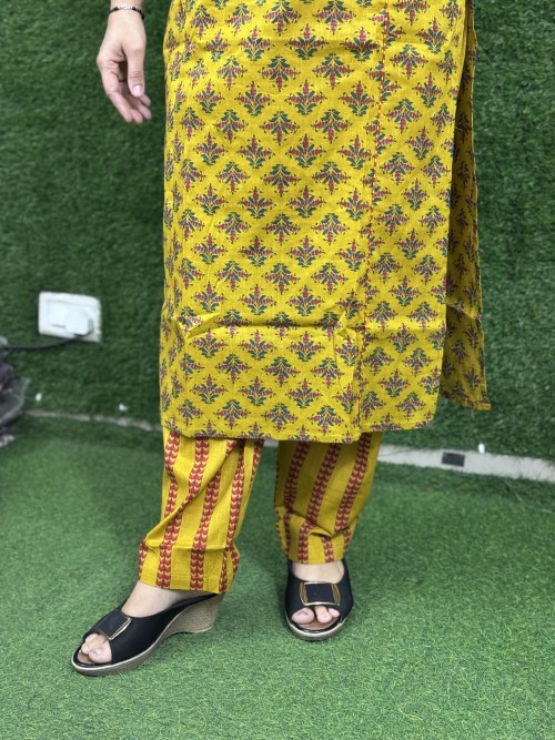 Pure Cotton Angrakha look 2pc Set with Straight Pant  - Mustard Yellow