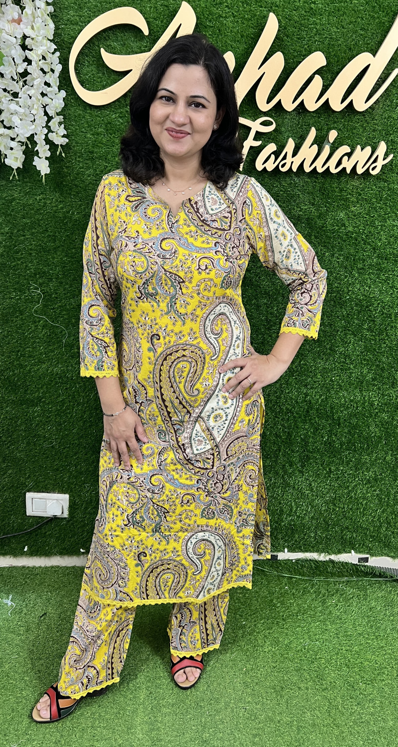 Cotton 2pc Co-ord Sets in  Mughal Print - Yellow (Plus Size)