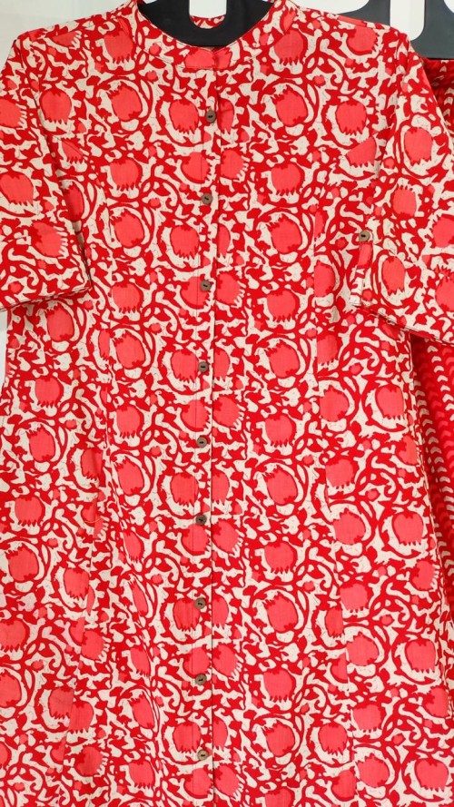 Pure Cotton 2 Pc Dress A-line pattern with Pant Plazo - Red Ivory