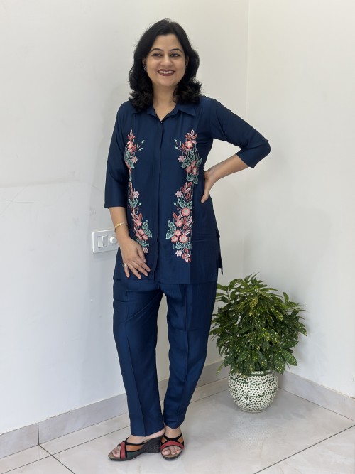 Modal Maslin Embroidered 2pc Co-ord Sets in  - Teel Blue