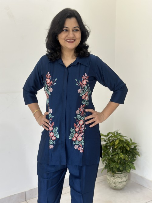 Modal Maslin Embroidered 2pc Co-ord Sets in  - Teel Blue