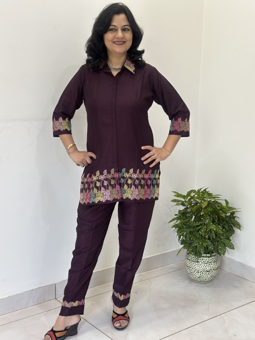 Modal Maslin Embroidered 2pc Co-ord Sets in  - Wine