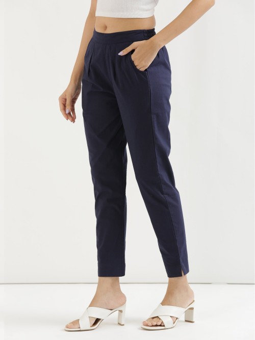 Cotton Trousers - Regular Fits - Navy Blue